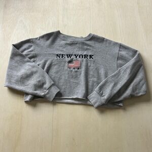 Y2K Matrix New York Sweatshirt Womens Medium Gray Cropped USA Flag Embroidered